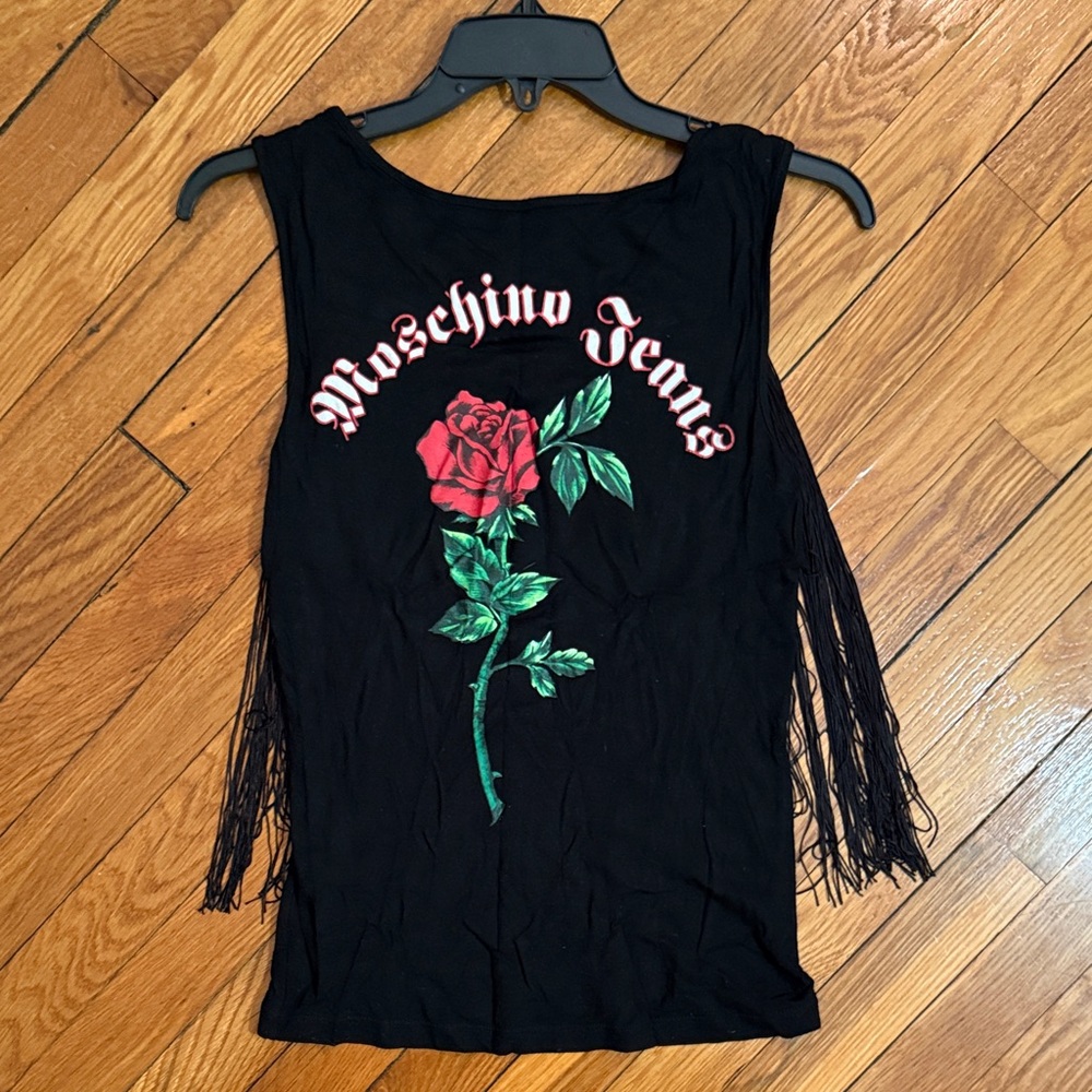 Vintage Moschino Black Tank Top with Red Rose Graphic and Fringe Back - Size 8